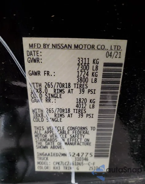 2021 Nissan Titan Sv z USA, uszkodzony, nr VIN 1N6AA1ED2MN524775